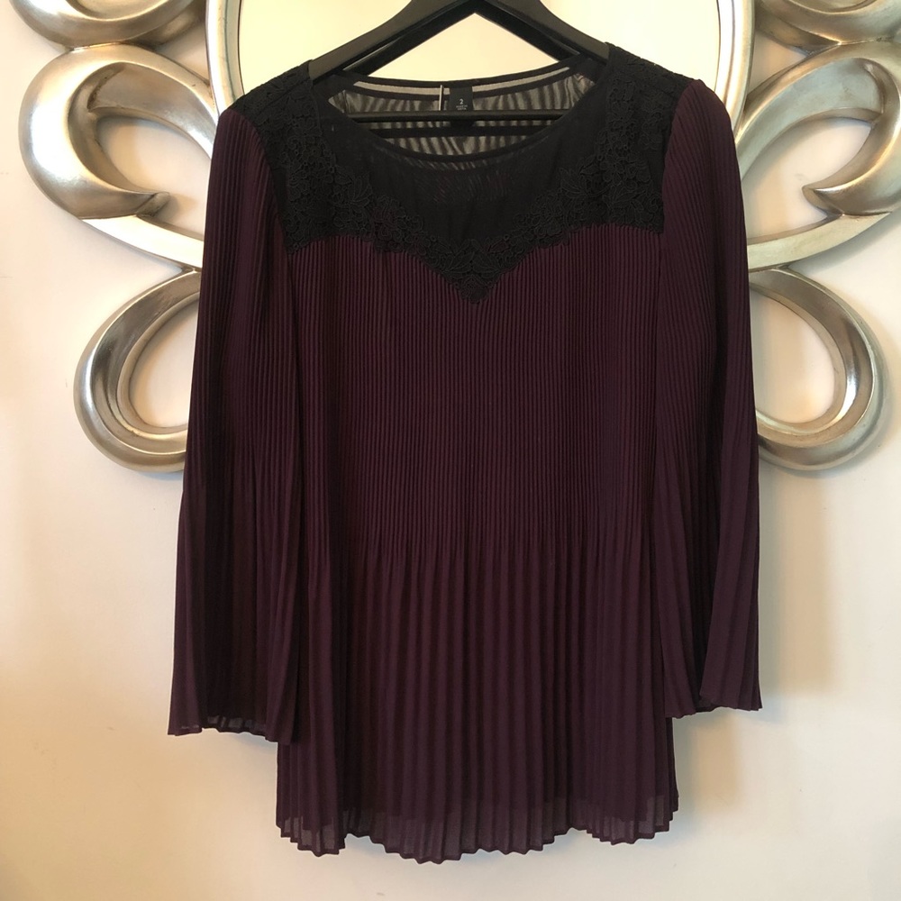 BLACK LABEL CHICO’S Eggplant Purple Pleated Blouse Top Black Lace & Mesh